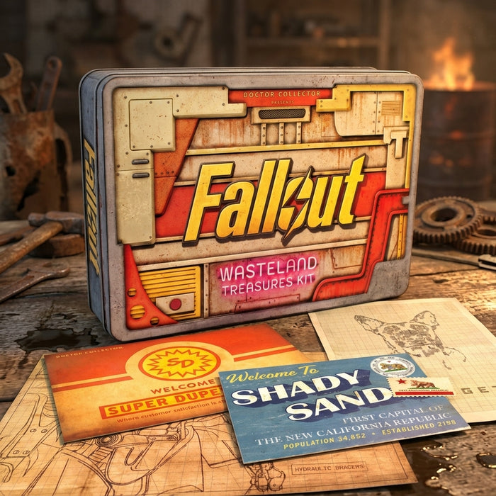 Fallout Wasteland Treasures Kit avec accessoires en papier dépliés sur un établi de casse automobile