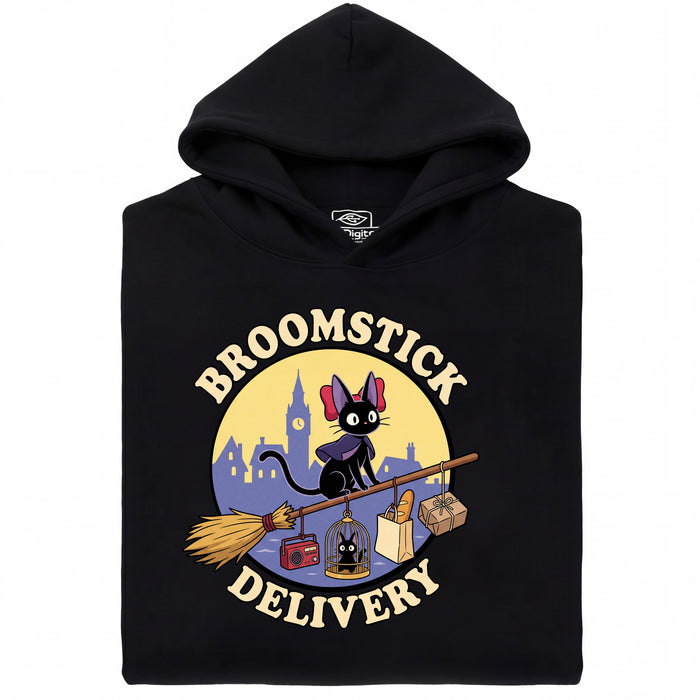 Broomstick Delivery - Il Gatto Prende in Mano il Servizio di Consegna - Veduta principale Hoodie Nero