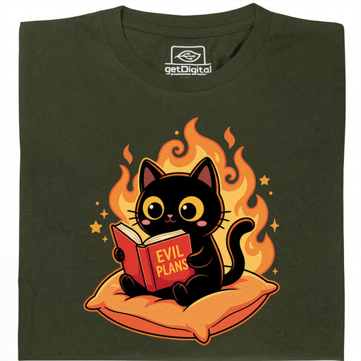 Schwarze Katze liest "Evil Plans" - Böse Pläne mit Stil - Hauptansicht T-Shirt Dunkelgrün