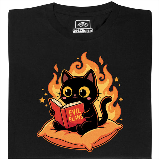 Schwarze Katze liest "Evil Plans" - Böse Pläne mit Stil - Hauptansicht T-Shirt Schwarz